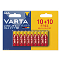 CARTE DE 10 + 10 PILES AAA (LR03) 1,5V LONGLIFE MAX POWER  PRIX CHOC