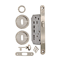 KIT SERRURE + CUVETTES RONDES POUR PORTE COULISSANTE CLE L FINITION INOX PROMIUM